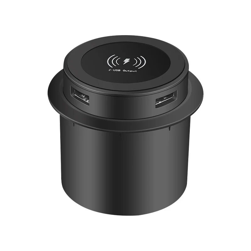 USB-A 포트 2개가 있는 검정 팝업 매립형 충전기