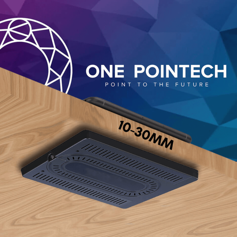 QB06 Elite under-desk wireless charger shown above and below a wood surface