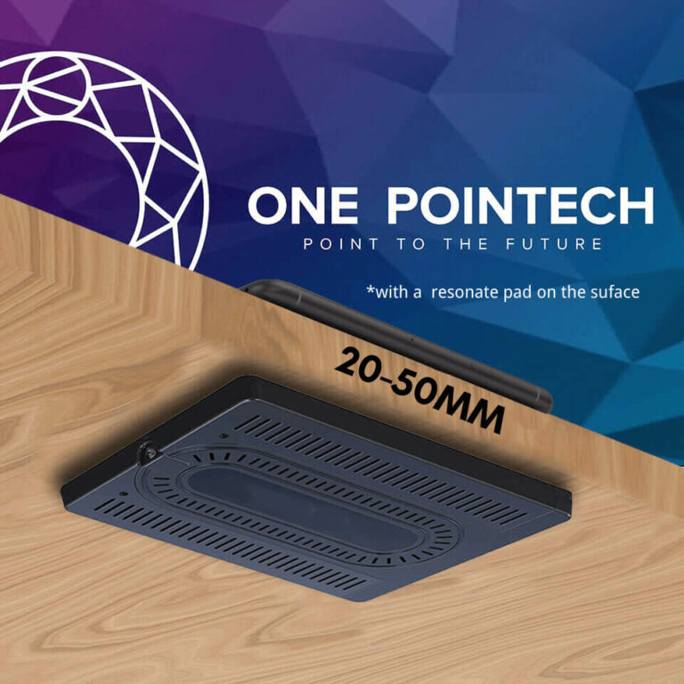 QB21 Pro invisible wireless charger shown beneath a thick wood surface